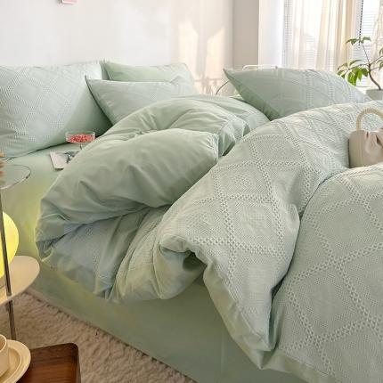 91家纺网 家纺一手货源 找家纺 米粒 2022直播爆款纯色AB版华夫格四件套磨毛水洗棉 水绿