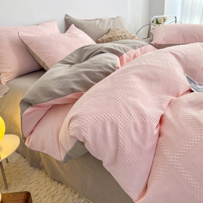 91家纺网 家纺一手货源 找家纺 米粒 2022直播爆款纯色AB版华夫格四件套磨毛水洗棉 粉咖