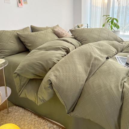 91家纺网 家纺一手货源 找家纺 米粒 2022直播爆款纯色AB版华夫格四件套磨毛水洗棉 橄榄绿
