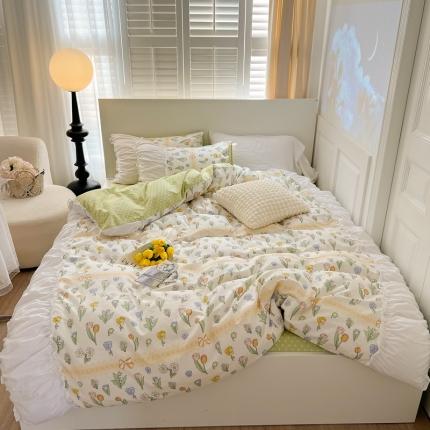 91家纺网 家纺一手货源 找家纺 顾里 2023新款法式褶边全棉四件套复古碎花系第二批 奶油郁金香