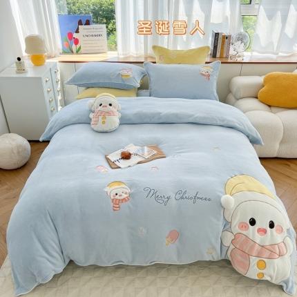 91家纺网 家纺一手货源 找家纺 顾里家纺 2022新款恋爱少女高端立体牛奶绒贴布绣四件套 圣诞雪人