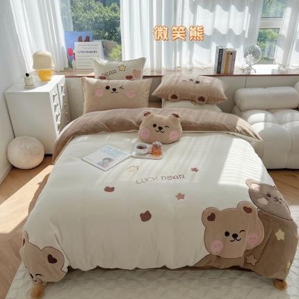 91家纺网 家纺一手货源 找家纺 顾里家纺 2022新款恋爱少女高端立体牛奶绒贴布绣四件套 微笑熊