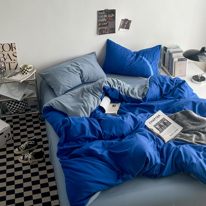 91家纺网 家纺一手货源 找家纺 贝拉梦 2023亲肤棉北欧简约风纯色双拼105G单品被套 克莱因蓝