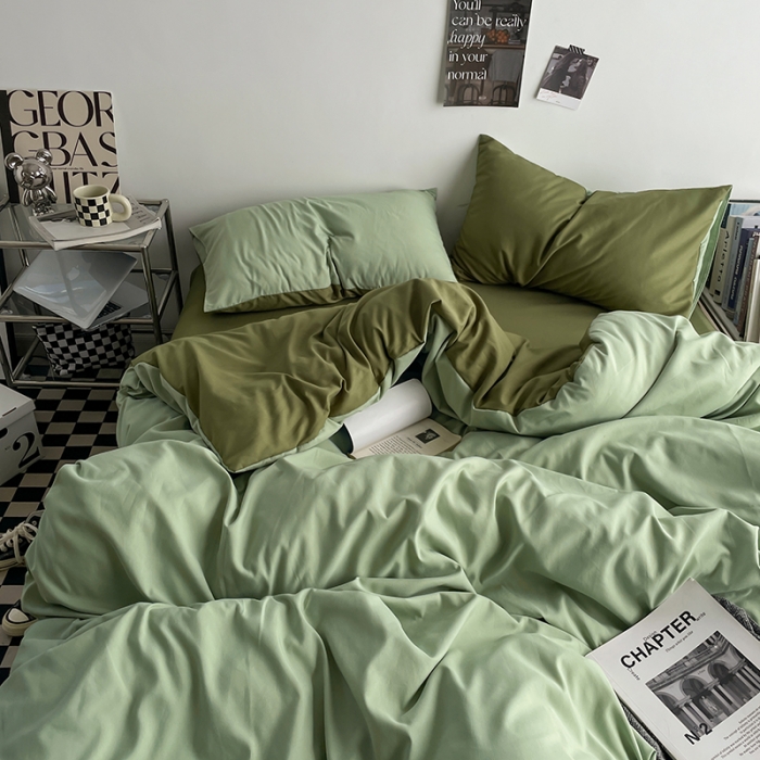91家纺网 家纺一手货源 找家纺 贝拉梦 2023亲肤棉北欧简约风纯色双拼105G单品被套 奶绿深绿