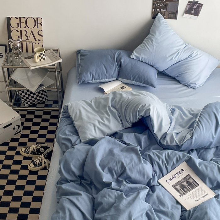 91家纺网 家纺一手货源 找家纺 贝拉梦 2023亲肤棉北欧简约风纯色双拼105G单品被套 月光雾蓝