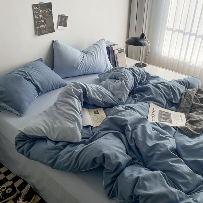91家纺网 家纺一手货源 找家纺 贝拉梦 2023亲肤棉北欧简约风纯色双拼105G单品被套 月光雾蓝