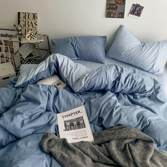 91家纺网 家纺一手货源 找家纺 贝拉梦 2023亲肤棉北欧简约风纯色双拼105G单品被套 月光雾蓝
