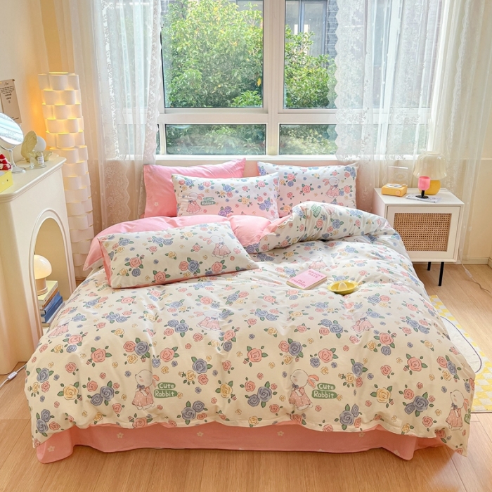 91家纺网 家纺一手货源 找家纺 曼之夏 （上新）2023春夏新款全棉印花四件套 兔语花香