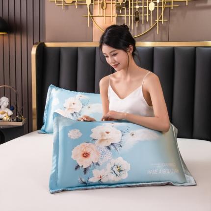 91家纺网 家纺一手货源 找家纺 圣比熊新款大版双人可水洗冰丝夏季单人枕头套丝滑宿舍枕芯套花语