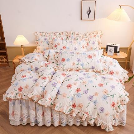 91家纺网 家纺一手货源 找家纺 宜凡 2023新款四季款全棉夹棉床裙四件套 贝利花都