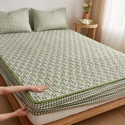 91家纺网 家纺一手货源 找家纺 久云居2022新款色织水洗棉大豆夹棉床笠 绿小格