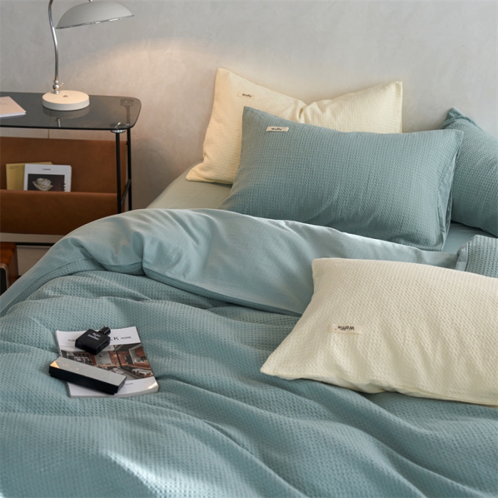 91家纺网 家纺一手货源 找家纺 简家居2022新款华夫格二代全面升级系列四件套 薄荷绿