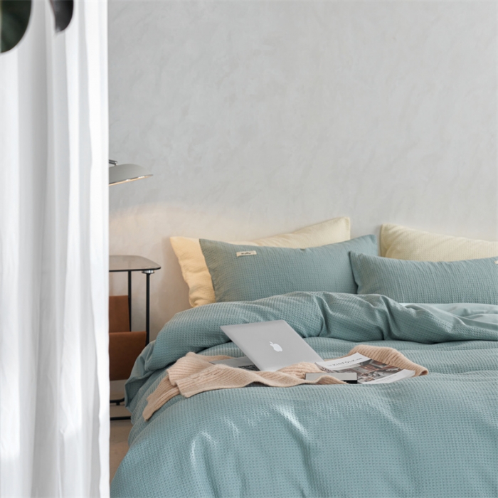 91家纺网 家纺一手货源 找家纺 简家居2022新款华夫格二代全面升级系列四件套 薄荷绿