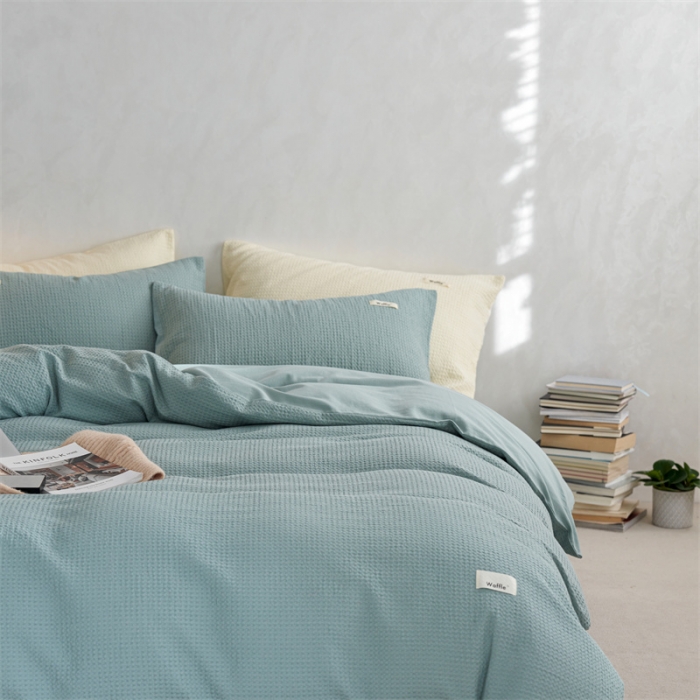 91家纺网 家纺一手货源 找家纺 简家居2022新款华夫格二代全面升级系列四件套 薄荷绿