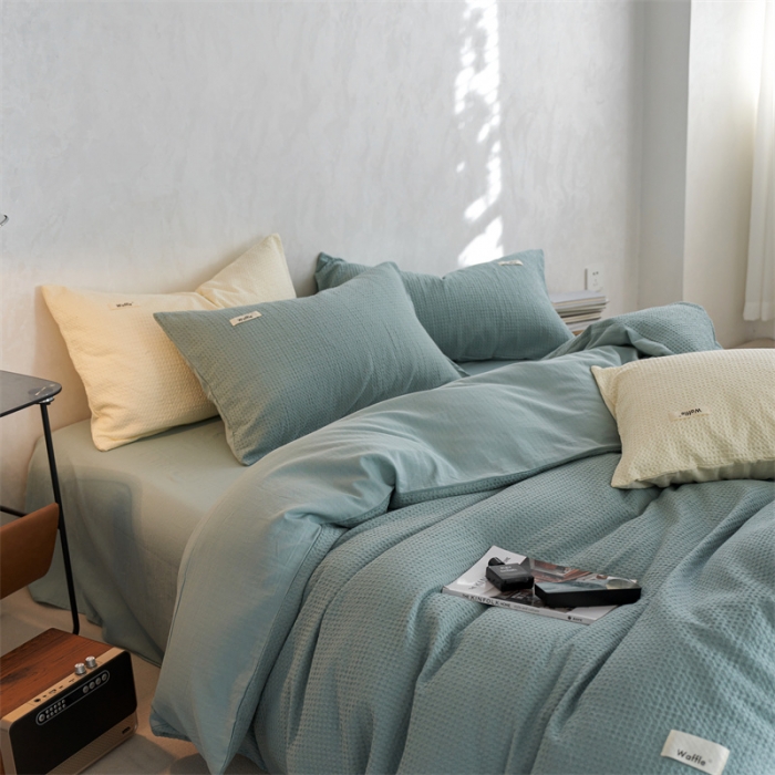 91家纺网 家纺一手货源 找家纺 简家居2022新款华夫格二代全面升级系列四件套 薄荷绿