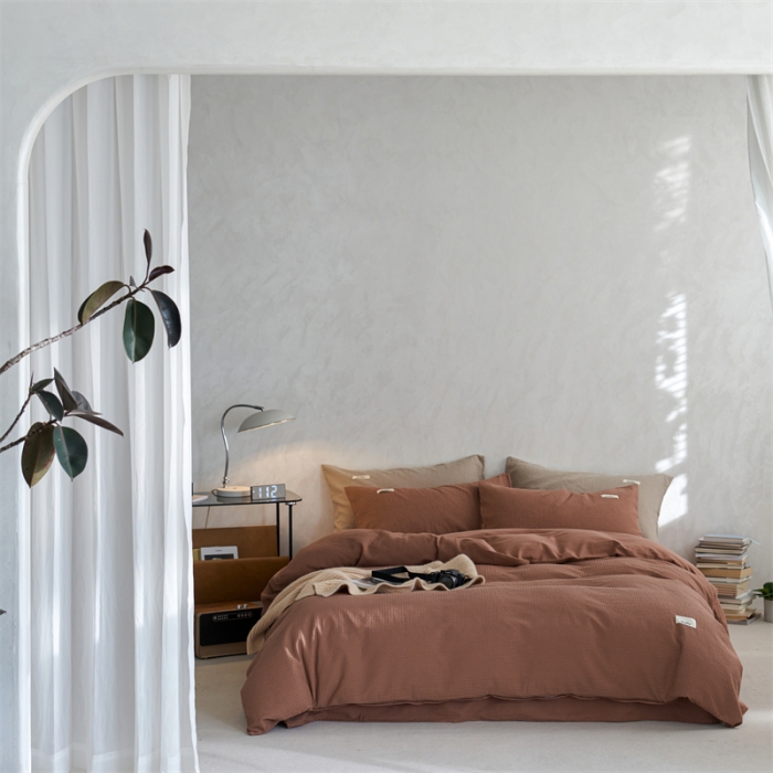 91家纺网 家纺一手货源 找家纺 简家居2022新款华夫格二代全面升级系列四件套 豆沙