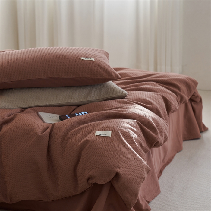 91家纺网 家纺一手货源 找家纺 简家居2022新款华夫格二代全面升级系列四件套 豆沙