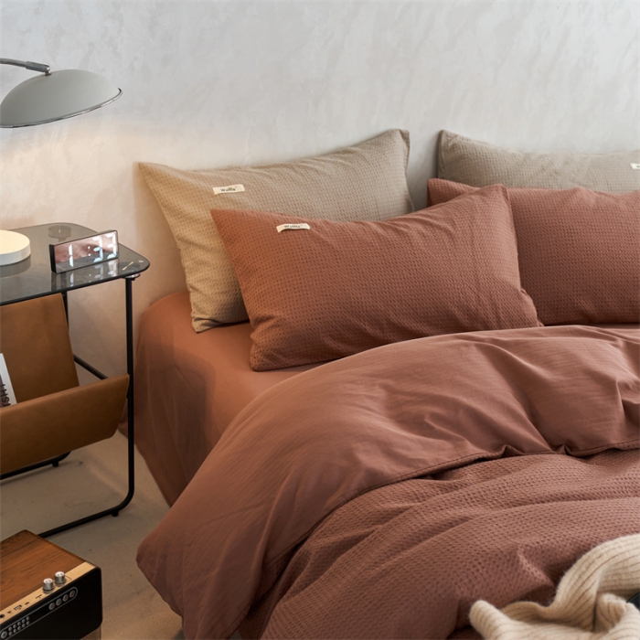 91家纺网 家纺一手货源 找家纺 简家居2022新款华夫格二代全面升级系列四件套 豆沙