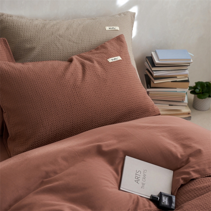 91家纺网 家纺一手货源 找家纺 简家居2022新款华夫格二代全面升级系列四件套 豆沙