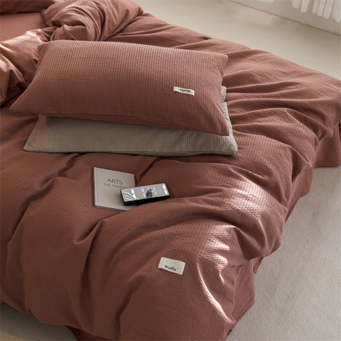 91家纺网 家纺一手货源 找家纺 简家居2022新款华夫格二代全面升级系列四件套 豆沙