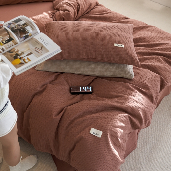 91家纺网 家纺一手货源 找家纺 简家居2022新款华夫格二代全面升级系列四件套 豆沙