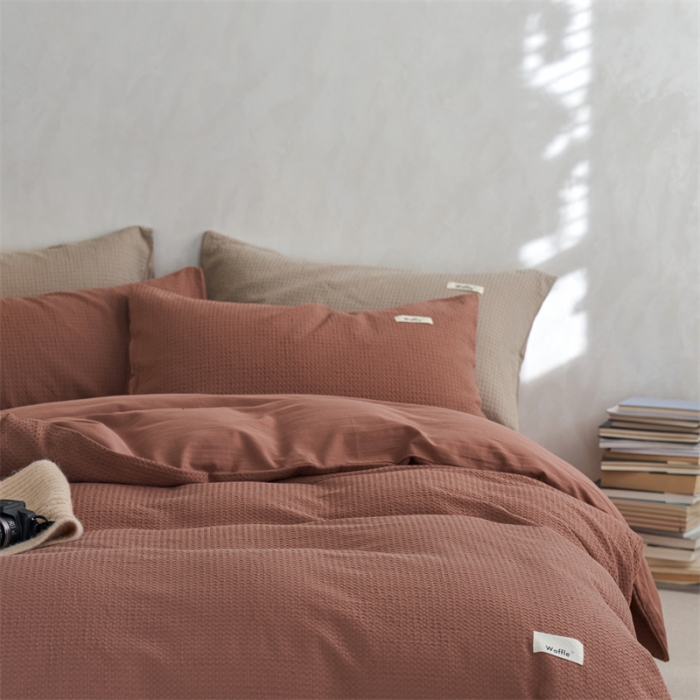 91家纺网 家纺一手货源 找家纺 简家居2022新款华夫格二代全面升级系列四件套 豆沙