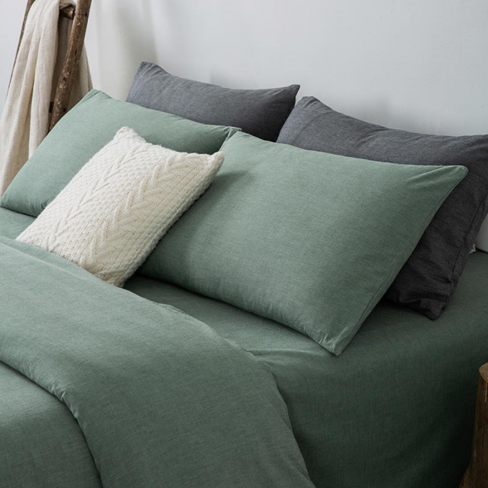 91家纺网 家纺一手货源 找家纺 全棉无印色织水洗棉四件套良品纯棉日式简约宿舍学生三件套豆绿