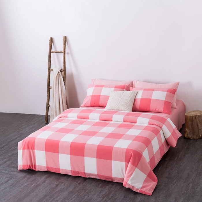 91家纺网 家纺一手货源 找家纺 全棉无印色织水洗棉四件套良品纯棉日式宿舍学生三件套 粉白大格