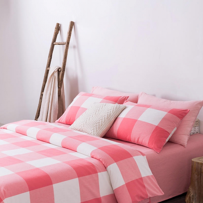 91家纺网 家纺一手货源 找家纺 全棉无印色织水洗棉四件套良品纯棉日式宿舍学生三件套 粉白大格