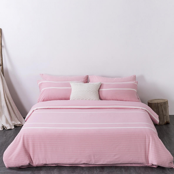 91家纺网 家纺一手货源 找家纺 全棉无印色织水洗棉四件套良品纯棉日式简约宿舍学生三件套粉红条