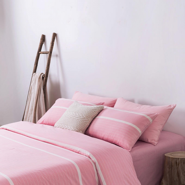 91家纺网 家纺一手货源 找家纺 全棉无印色织水洗棉四件套良品纯棉日式简约宿舍学生三件套粉红条