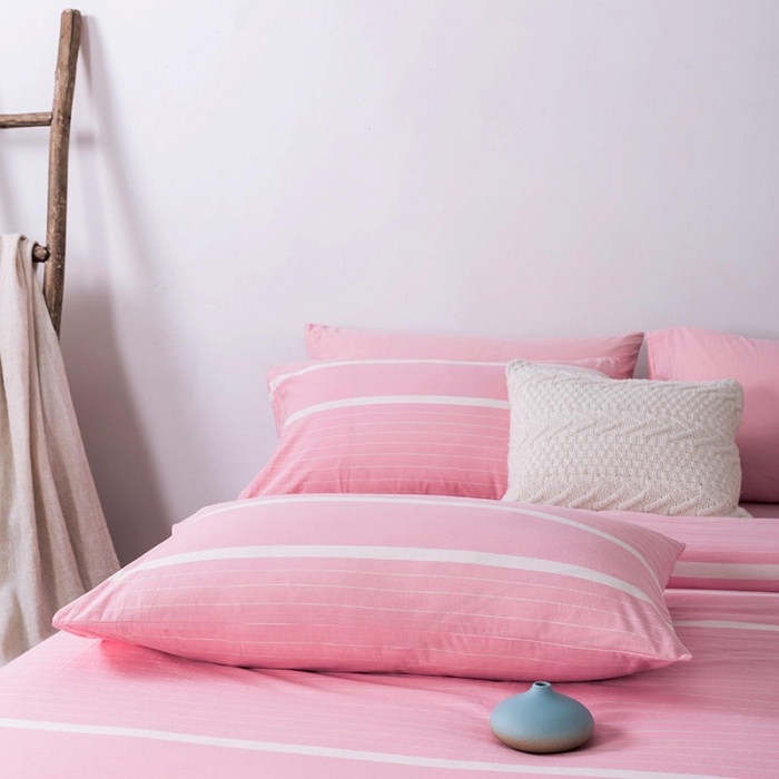 91家纺网 家纺一手货源 找家纺 全棉无印色织水洗棉四件套良品纯棉日式简约宿舍学生三件套粉红条