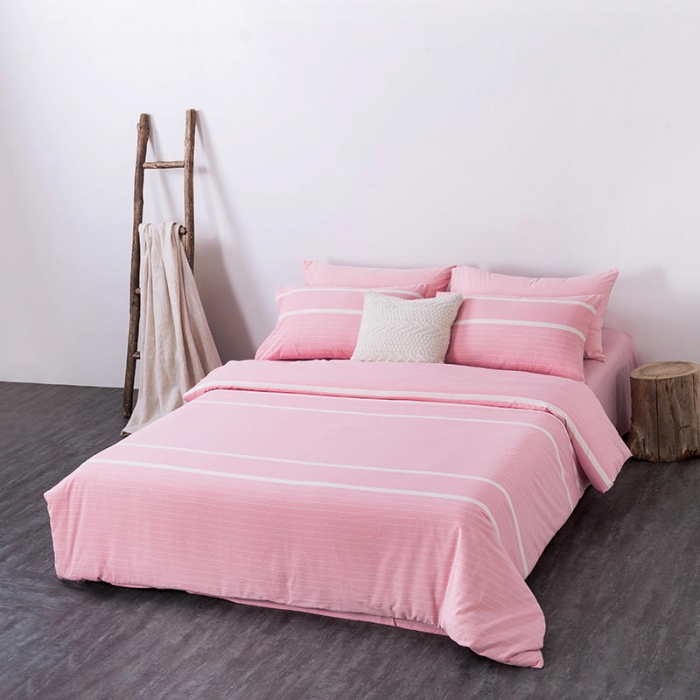 91家纺网 家纺一手货源 找家纺 全棉无印色织水洗棉四件套良品纯棉日式简约宿舍学生三件套粉红条