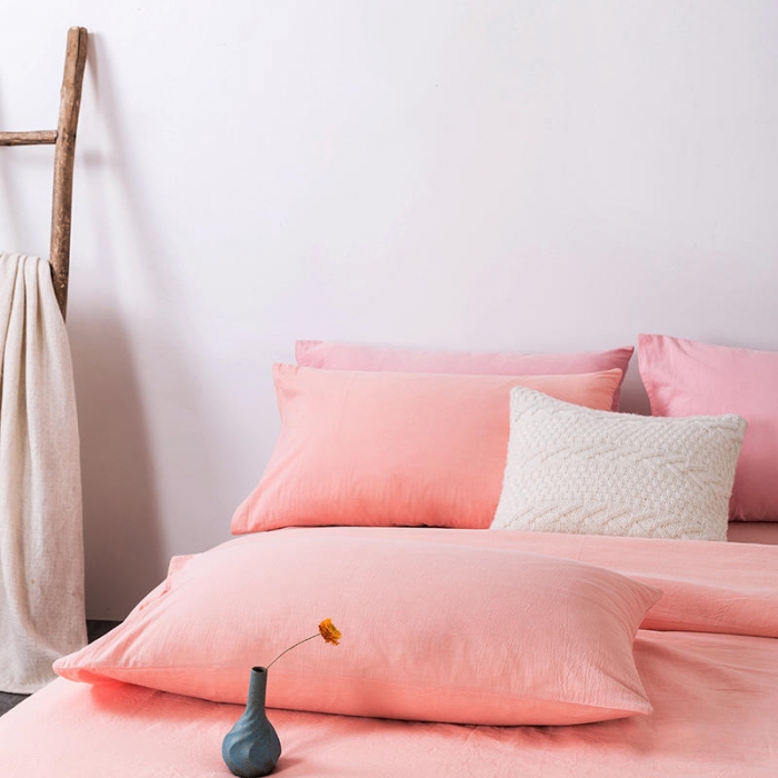 91家纺网 家纺一手货源 找家纺 全棉无印色织水洗棉四件套良品纯棉日式简约宿舍学生三件套粉青年