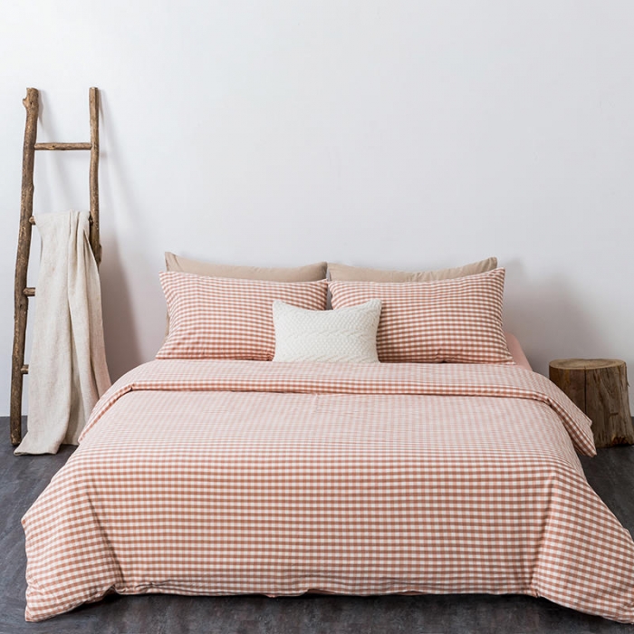 91家纺网 家纺一手货源 找家纺 全棉无印色织水洗棉四件套良品纯棉日式简约宿舍学生三件套粉小格