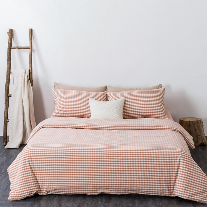 91家纺网 家纺一手货源 找家纺 全棉无印色织水洗棉四件套良品纯棉日式简约宿舍学生三件套粉小格