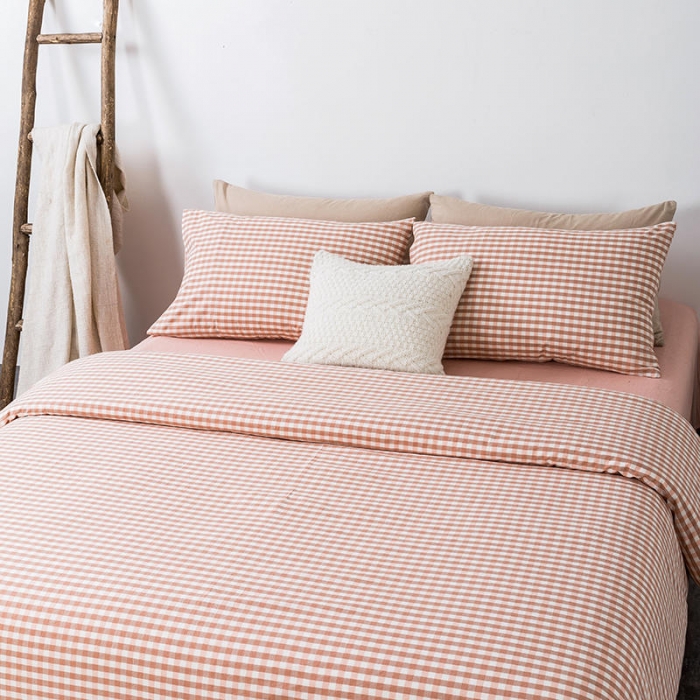 91家纺网 家纺一手货源 找家纺 全棉无印色织水洗棉四件套良品纯棉日式简约宿舍学生三件套粉小格