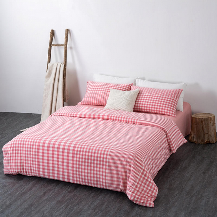 91家纺网 家纺一手货源 找家纺 全棉无印色织水洗棉四件套良品纯棉日式宿舍学生三件套 渐变格粉