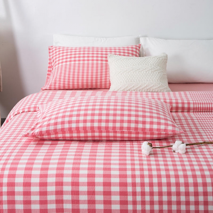 91家纺网 家纺一手货源 找家纺 全棉无印色织水洗棉四件套良品纯棉日式宿舍学生三件套 渐变格粉