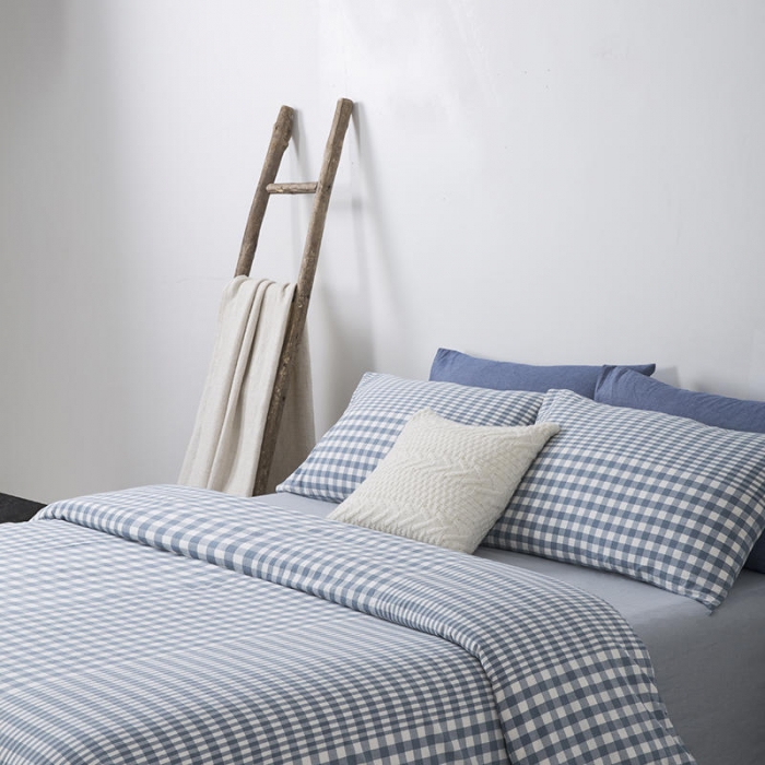 91家纺网 家纺一手货源 找家纺 全棉无印色织水洗棉四件套良品纯棉日式宿舍学生三件套 渐变格蓝