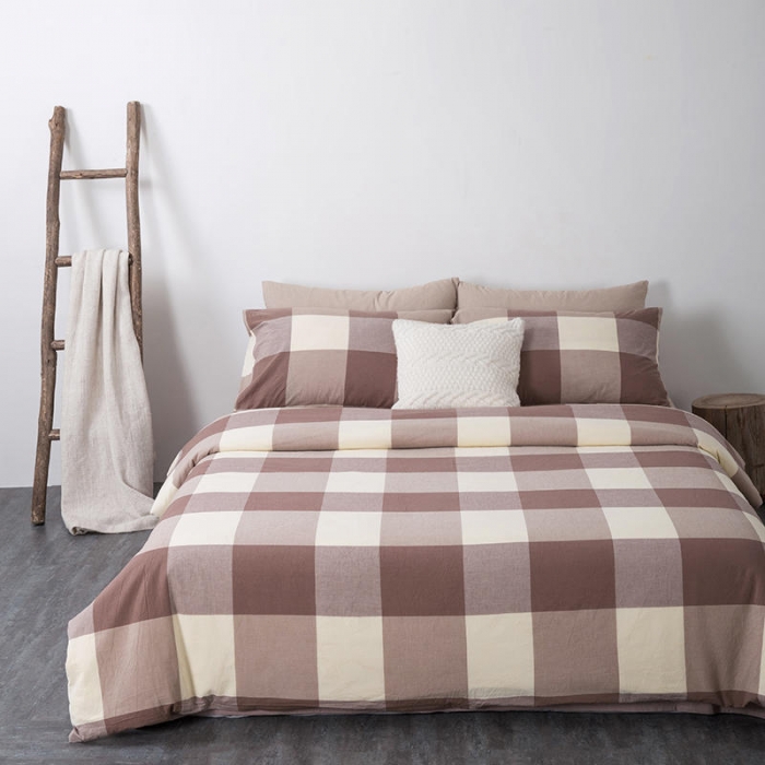 91家纺网 家纺一手货源 找家纺 全棉无印色织水洗棉四件套良品纯棉日式简约宿舍学生三件套咖大格