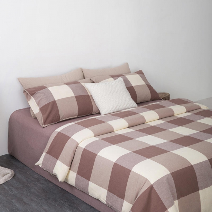 91家纺网 家纺一手货源 找家纺 全棉无印色织水洗棉四件套良品纯棉日式简约宿舍学生三件套咖大格