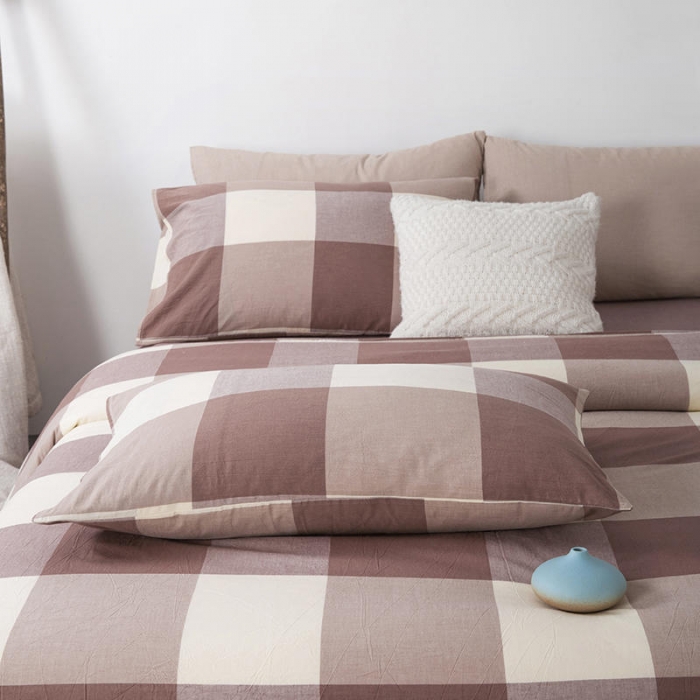 91家纺网 家纺一手货源 找家纺 全棉无印色织水洗棉四件套良品纯棉日式简约宿舍学生三件套咖大格