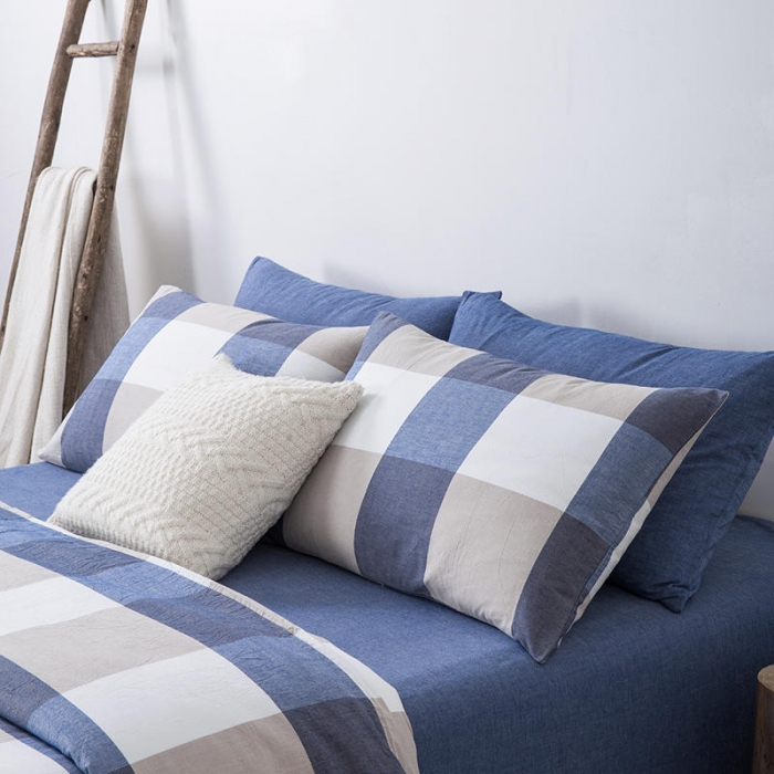 91家纺网 家纺一手货源 找家纺 全棉无印色织水洗棉四件套良品纯棉日式简约宿舍学生三件套蓝大格