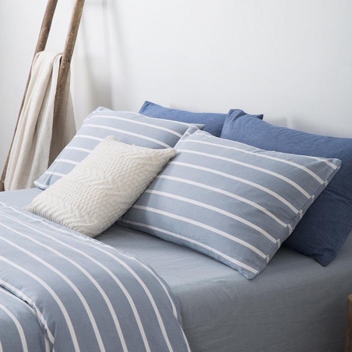 91家纺网 家纺一手货源 找家纺 全棉无印色织水洗棉四件套良品纯棉日式简约宿舍学生三件套蓝宽条