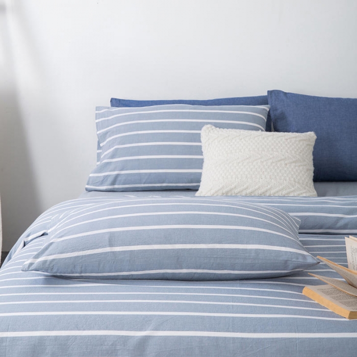 91家纺网 家纺一手货源 找家纺 全棉无印色织水洗棉四件套良品纯棉日式简约宿舍学生三件套蓝宽条