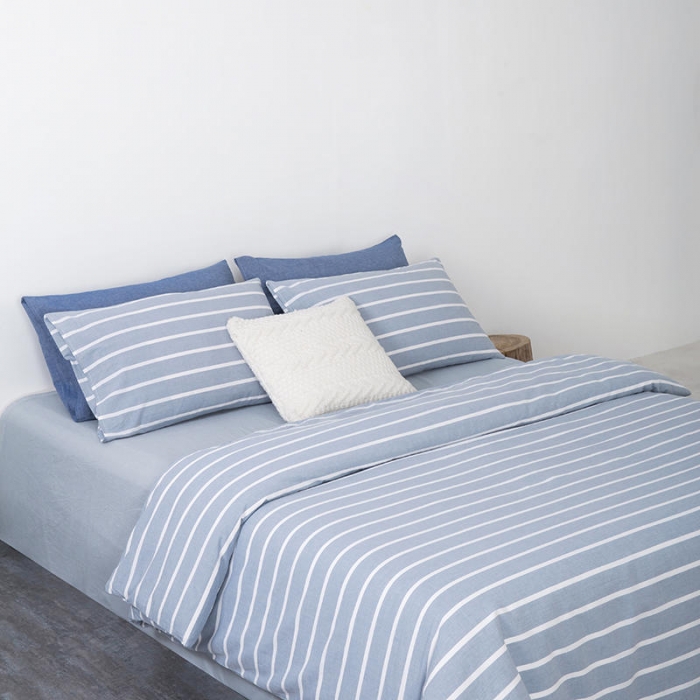 91家纺网 家纺一手货源 找家纺 全棉无印色织水洗棉四件套良品纯棉日式简约宿舍学生三件套蓝宽条