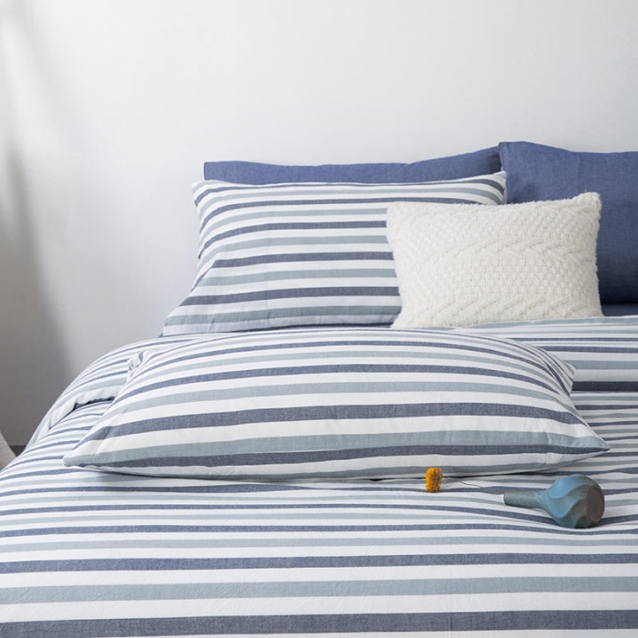 91家纺网 家纺一手货源 找家纺 全棉无印色织水洗棉四件套良品纯棉日式宿舍学生三件套 蓝三色条