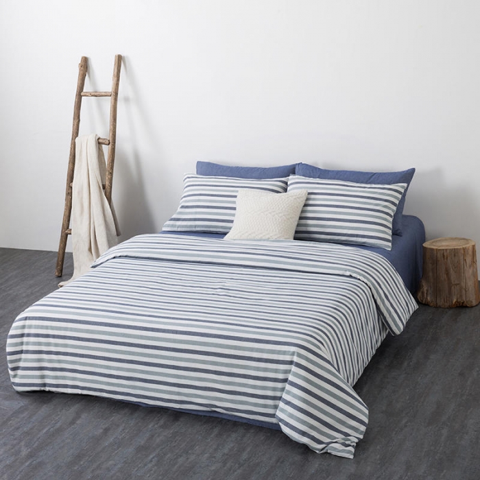 91家纺网 家纺一手货源 找家纺 全棉无印色织水洗棉四件套良品纯棉日式宿舍学生三件套 蓝三色条