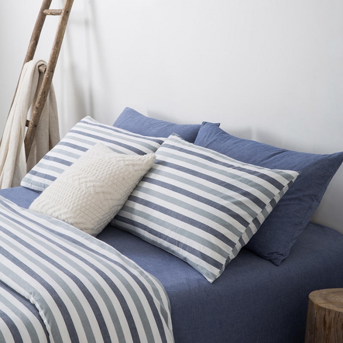 91家纺网 家纺一手货源 找家纺 全棉无印色织水洗棉四件套良品纯棉日式宿舍学生三件套 蓝三色条